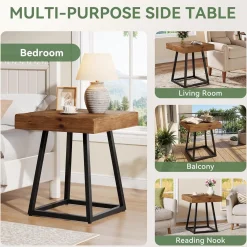 Solid Wood Nightstand, Industrial Square Bedside Table with Metal Frame