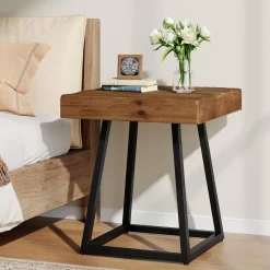 Solid Wood Nightstand, Industrial Square Bedside Table with Metal Frame