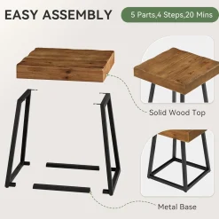 Solid Wood Nightstand, Industrial Square Bedside Table with Metal Frame