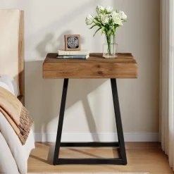 Solid Wood Nightstand, Industrial Square Bedside Table with Metal Frame