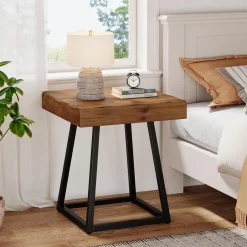 Solid Wood Nightstand, Industrial Square Bedside Table with Metal Frame