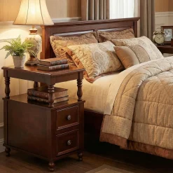 Solid Wood Nightstand with 2 Drawers, Bedside Table with Open Shelf