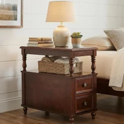 Solid Wood Nightstand with 2 Drawers, Bedside Table with Open Shelf