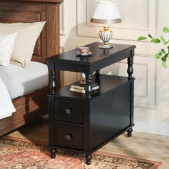 Solid Wood Nightstand with 2 Drawers, Bedside Table with Open Shelf