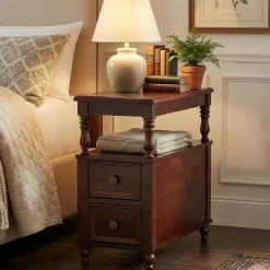 Solid Wood Nightstand with 2 Drawers, Bedside Table with Open Shelf