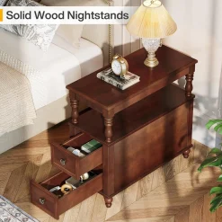 Solid Wood Nightstand with 2 Drawers, Bedside Table with Open Shelf