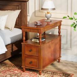 Solid Wood Nightstand with 2 Drawers, Bedside Table with Open Shelf