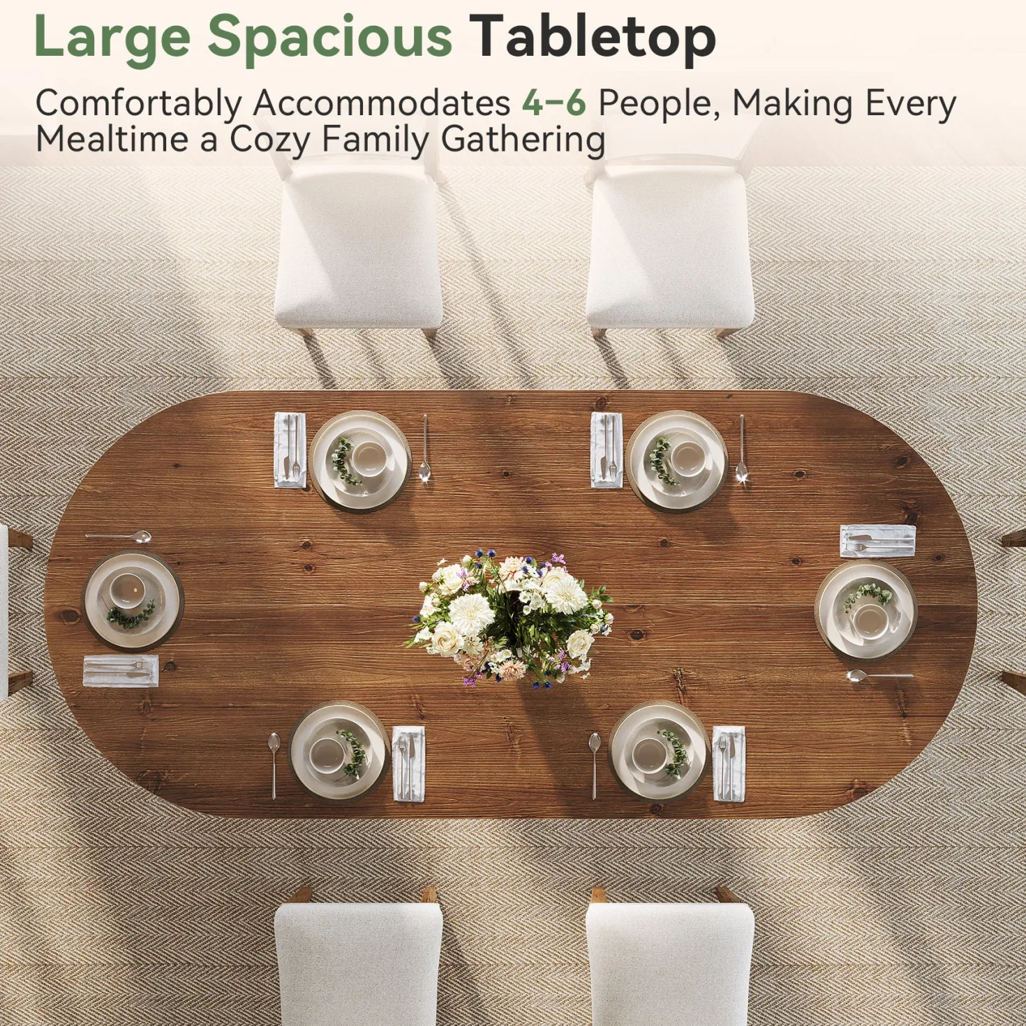 Solid Wood Oval Dining Table, 63" Kitchen Table with Sturdy Tapered Legs for 4-6