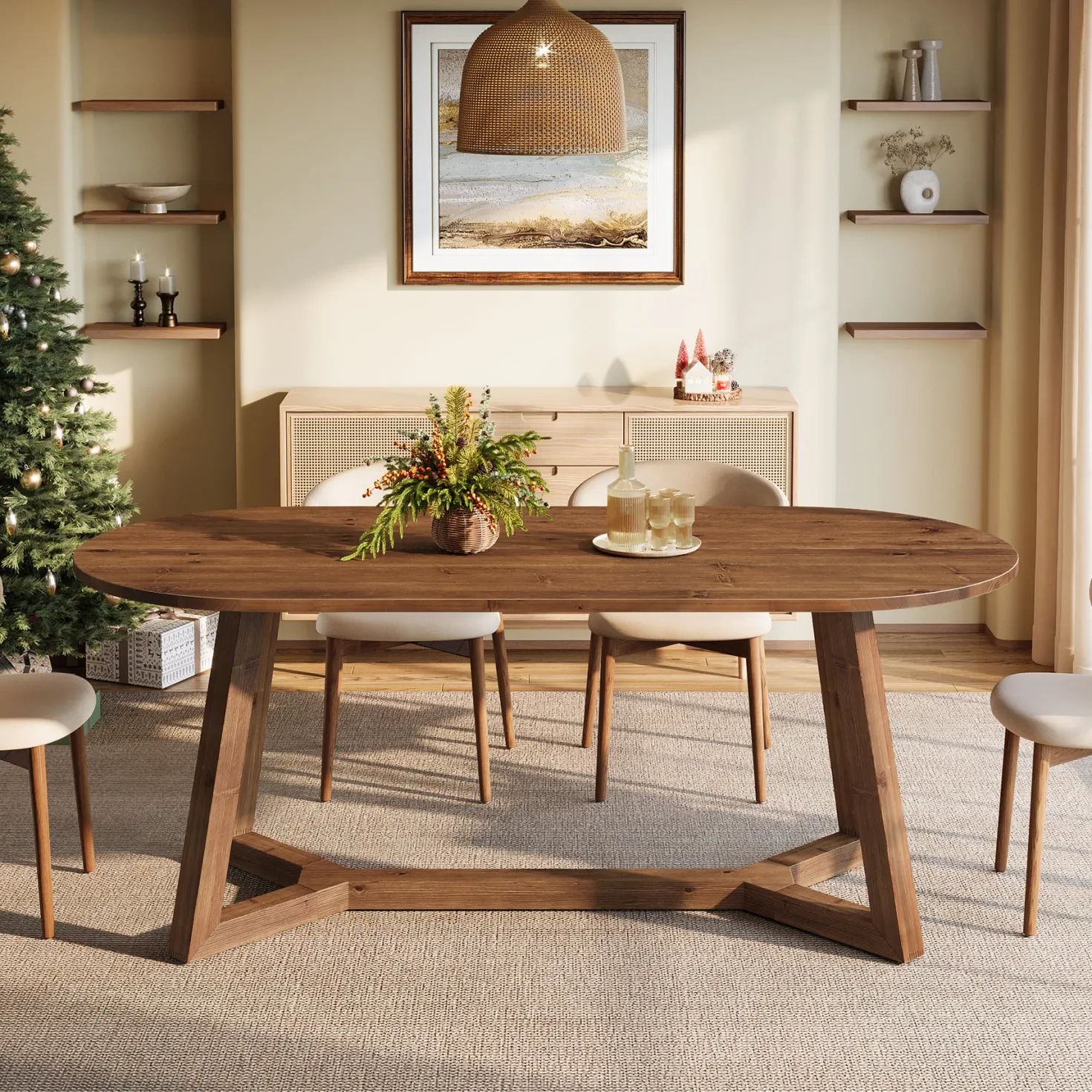 Solid Wood Oval Dining Table, 63" Kitchen Table with Sturdy Tapered Legs for 4-6