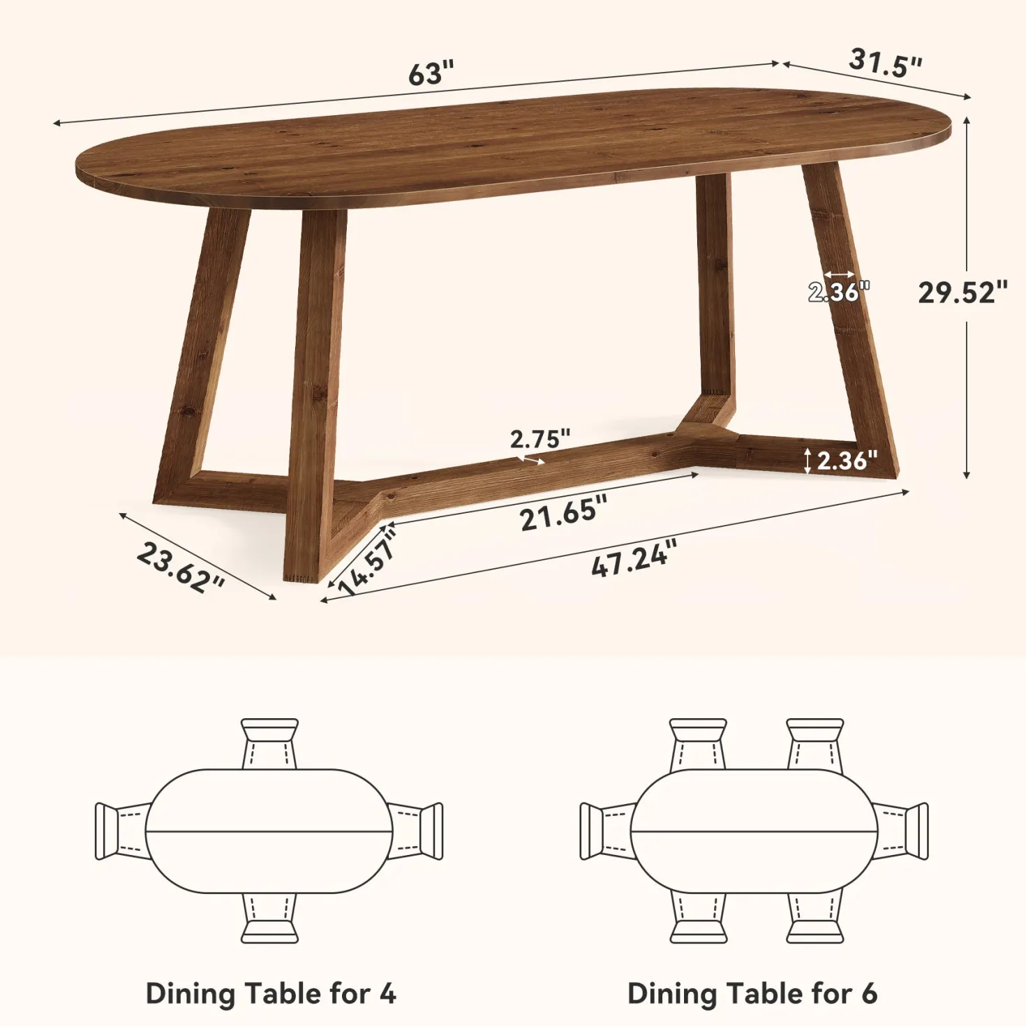 Solid Wood Oval Dining Table, 63" Kitchen Table with Sturdy Tapered Legs for 4-6
