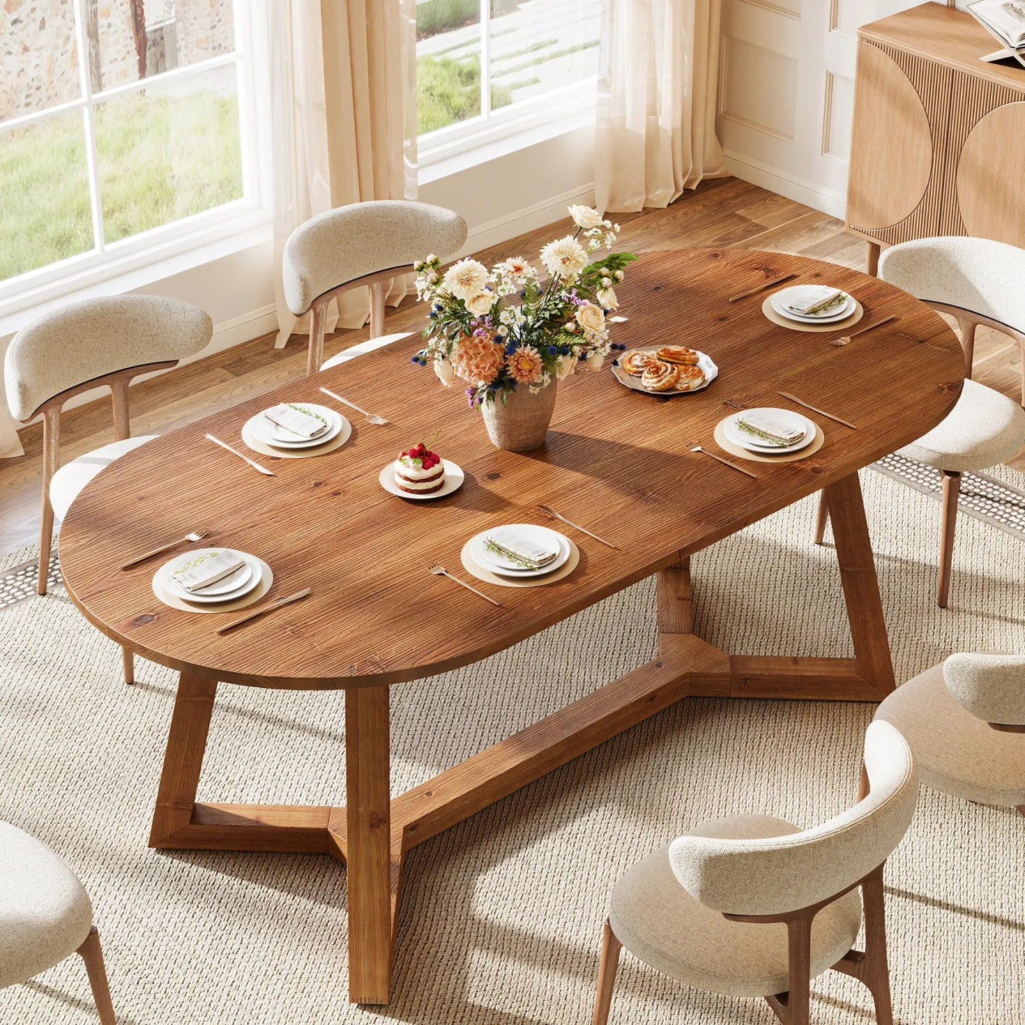 Solid Wood Oval Dining Table, 63" Kitchen Table with Sturdy Tapered Legs for 4-6