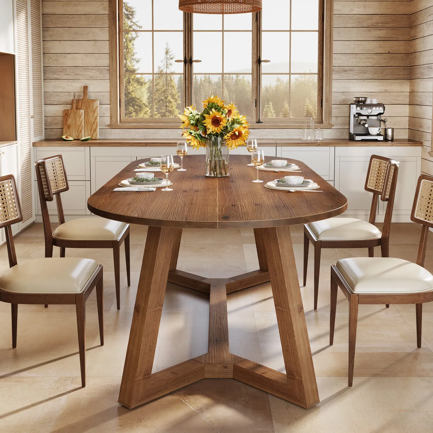 Solid Wood Oval Dining Table, 63" Kitchen Table with Sturdy Tapered Legs for 4-6