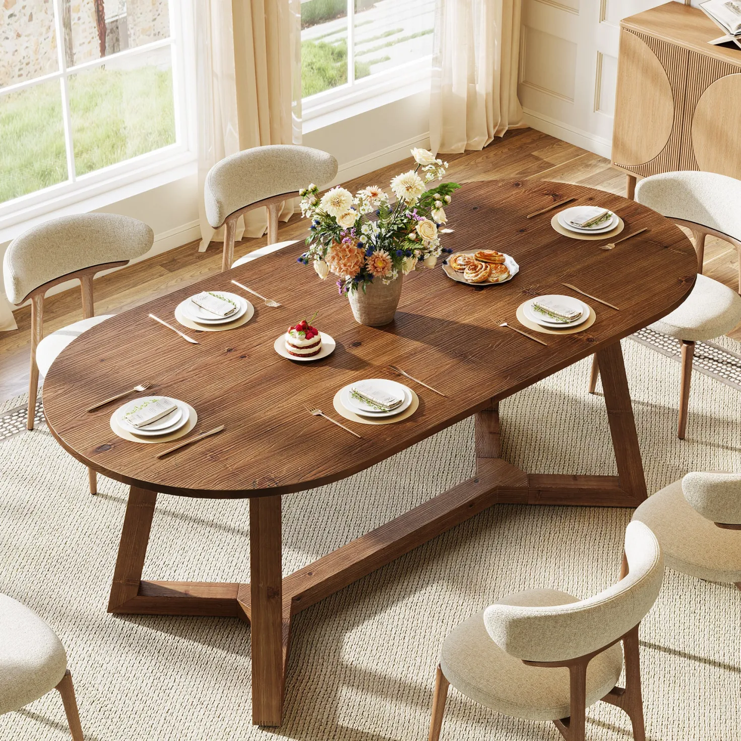 Solid Wood Oval Dining Table, 63" Kitchen Table with Sturdy Tapered Legs for 4-6