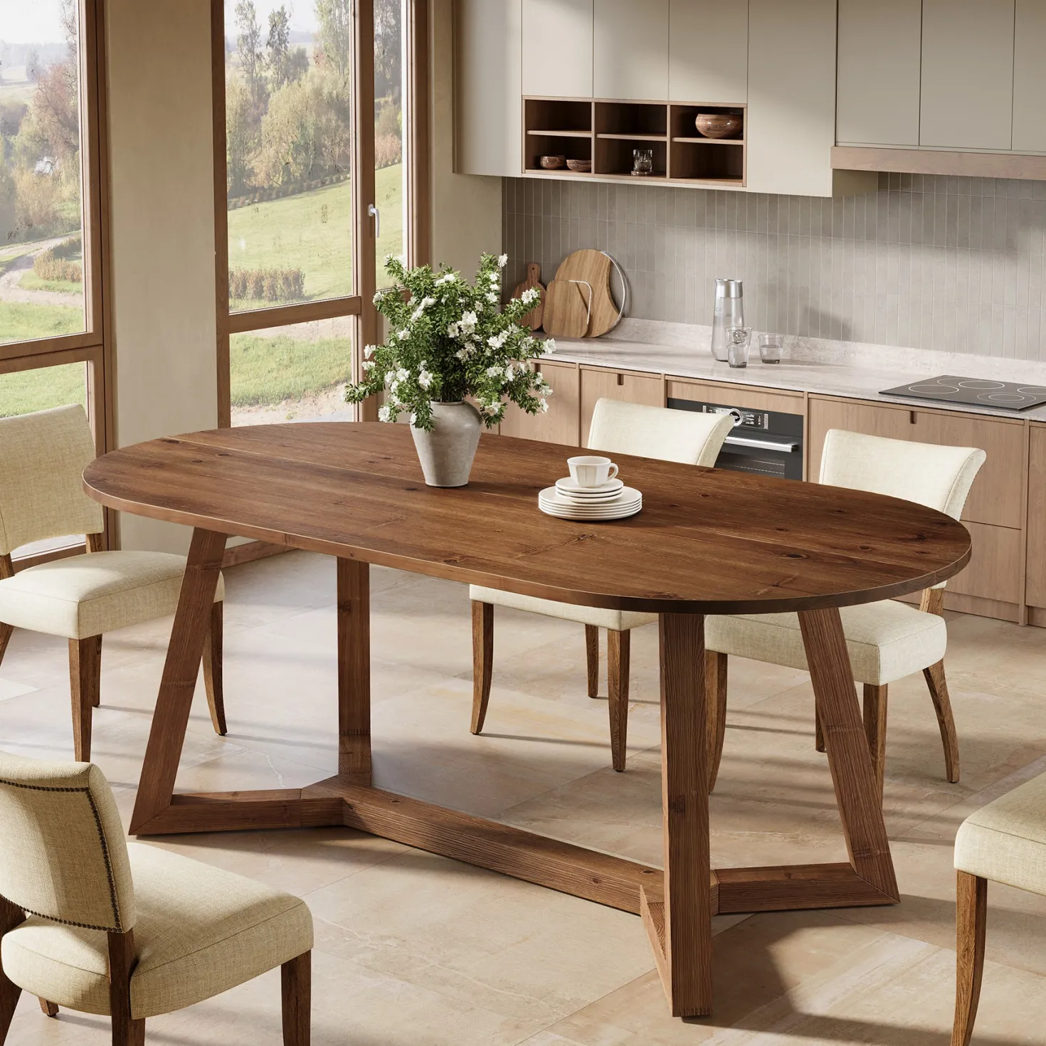 Solid Wood Oval Dining Table, 63" Kitchen Table with Sturdy Tapered Legs for 4-6
