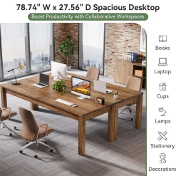 Solid Wood 2-Person Desk, 78.7" Double Computer Table Workstation