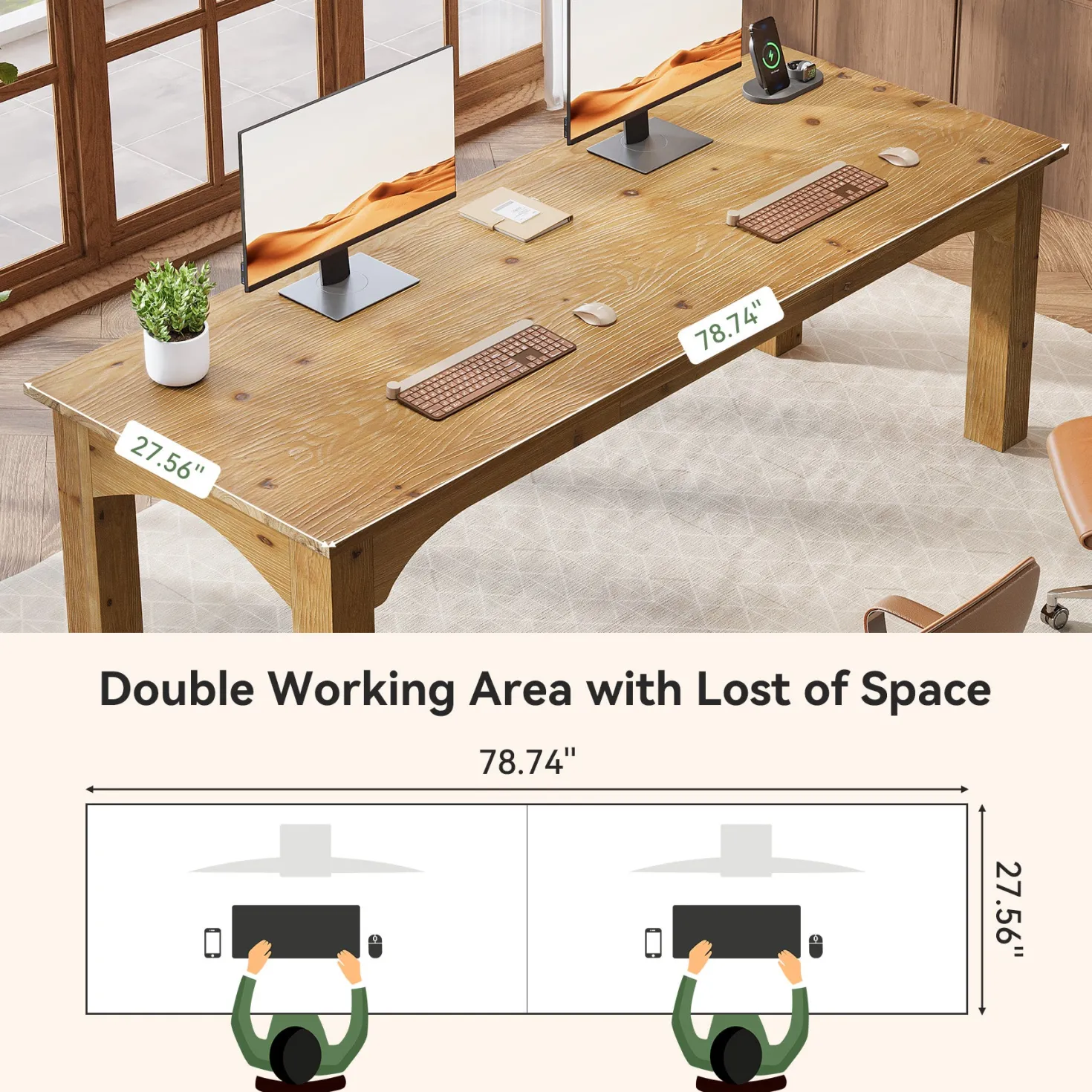 Solid Wood 2-Person Desk, 79" Long Computer Desk Double Writing Table