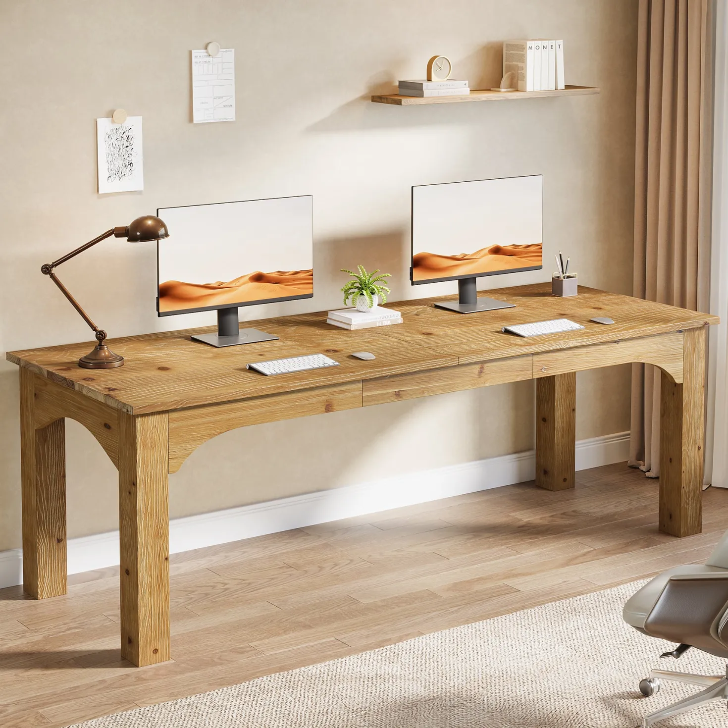 Solid Wood 2-Person Desk, 79" Long Computer Desk Double Writing Table