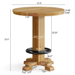 Solid Wood Round Bar Table, 37.4" H Bistro Pub Table with Metal Footrest