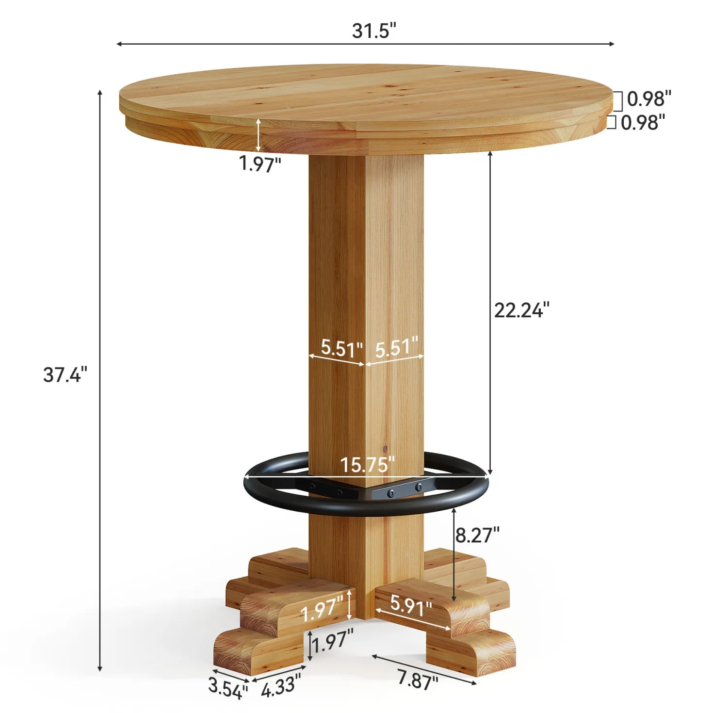 Solid Wood Round Bar Table, 37.4" H Bistro Pub Table with Metal Footrest