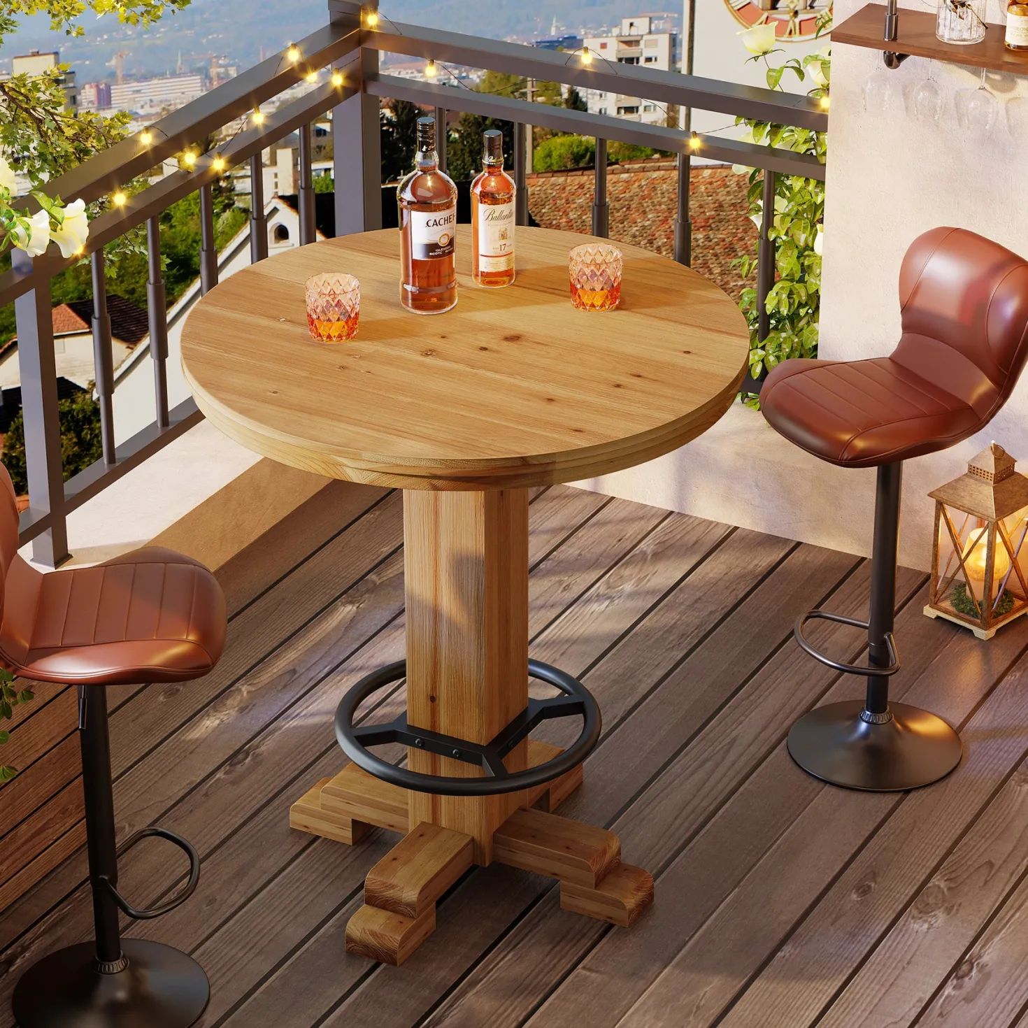 Solid Wood Round Bar Table, 37.4" H Bistro Pub Table with Metal Footrest