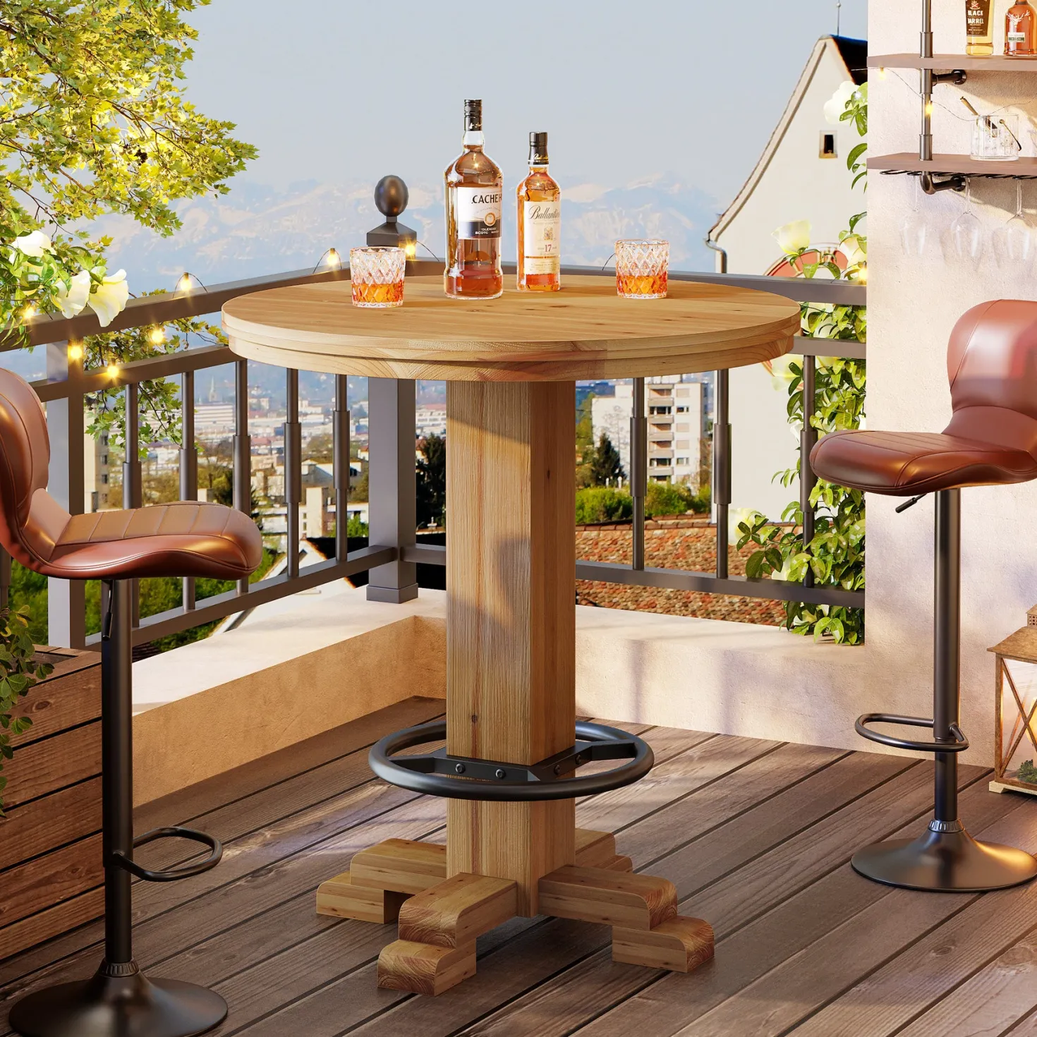Solid Wood Round Bar Table, 37.4" H Bistro Pub Table with Metal Footrest