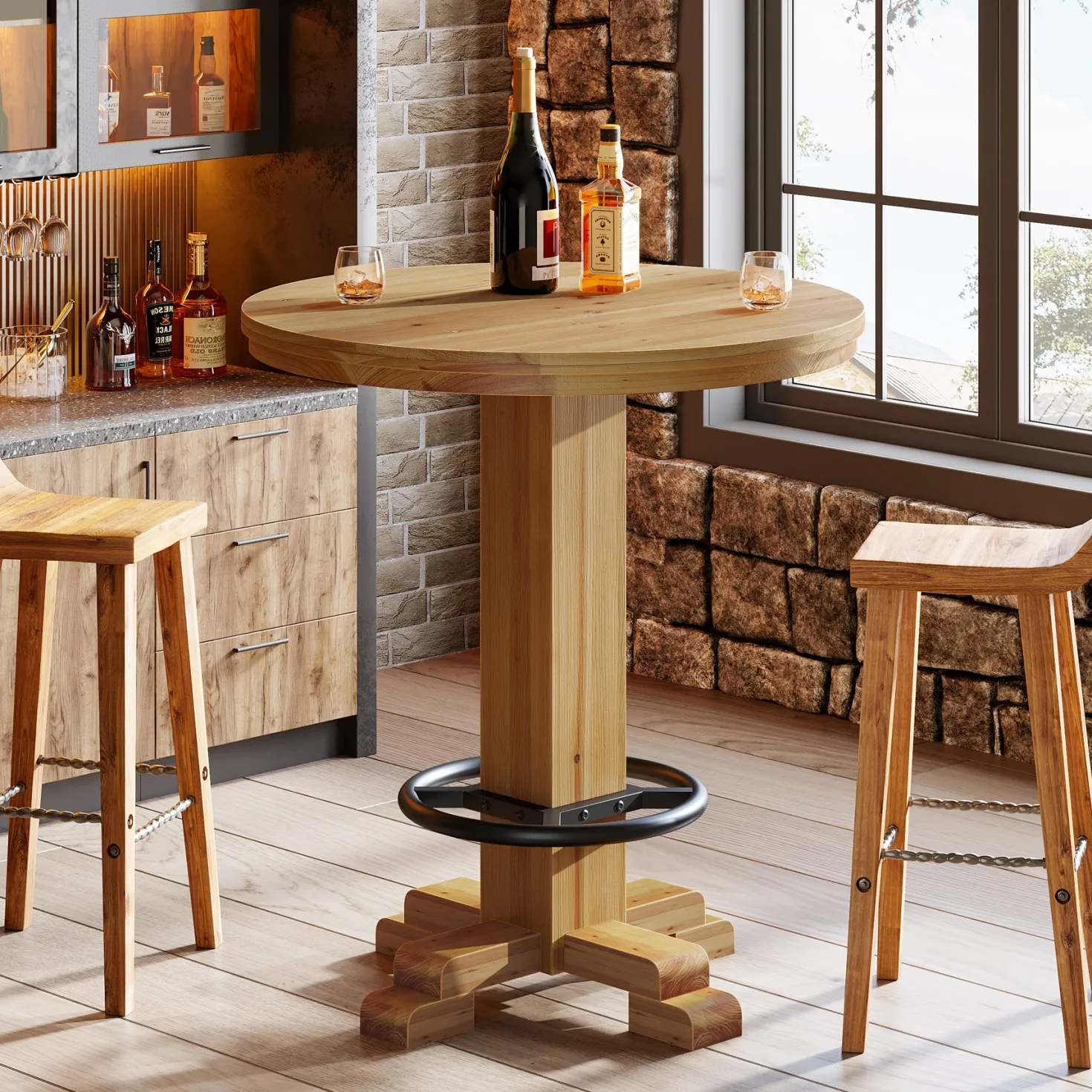 Solid Wood Round Bar Table, 37.4" H Bistro Pub Table with Metal Footrest