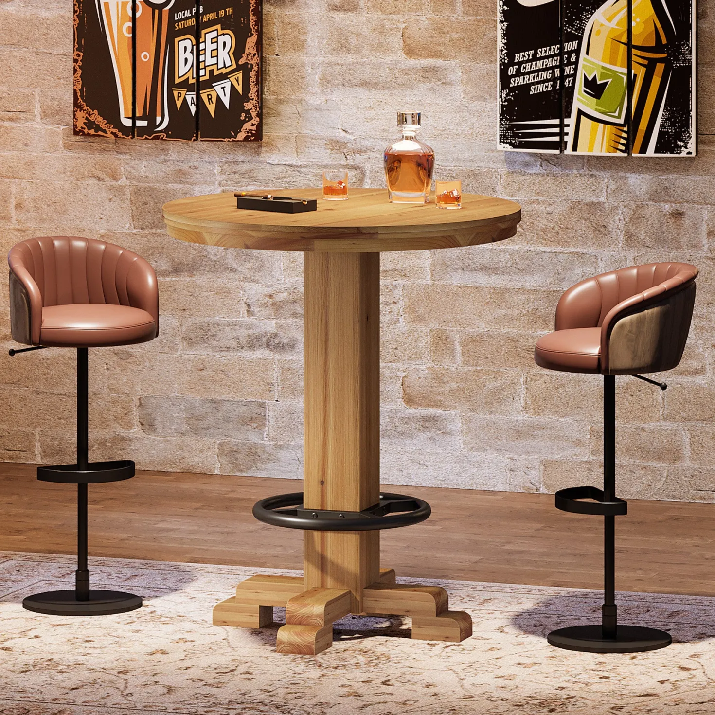 Solid Wood Round Bar Table, 37.4" H Bistro Pub Table with Metal Footrest