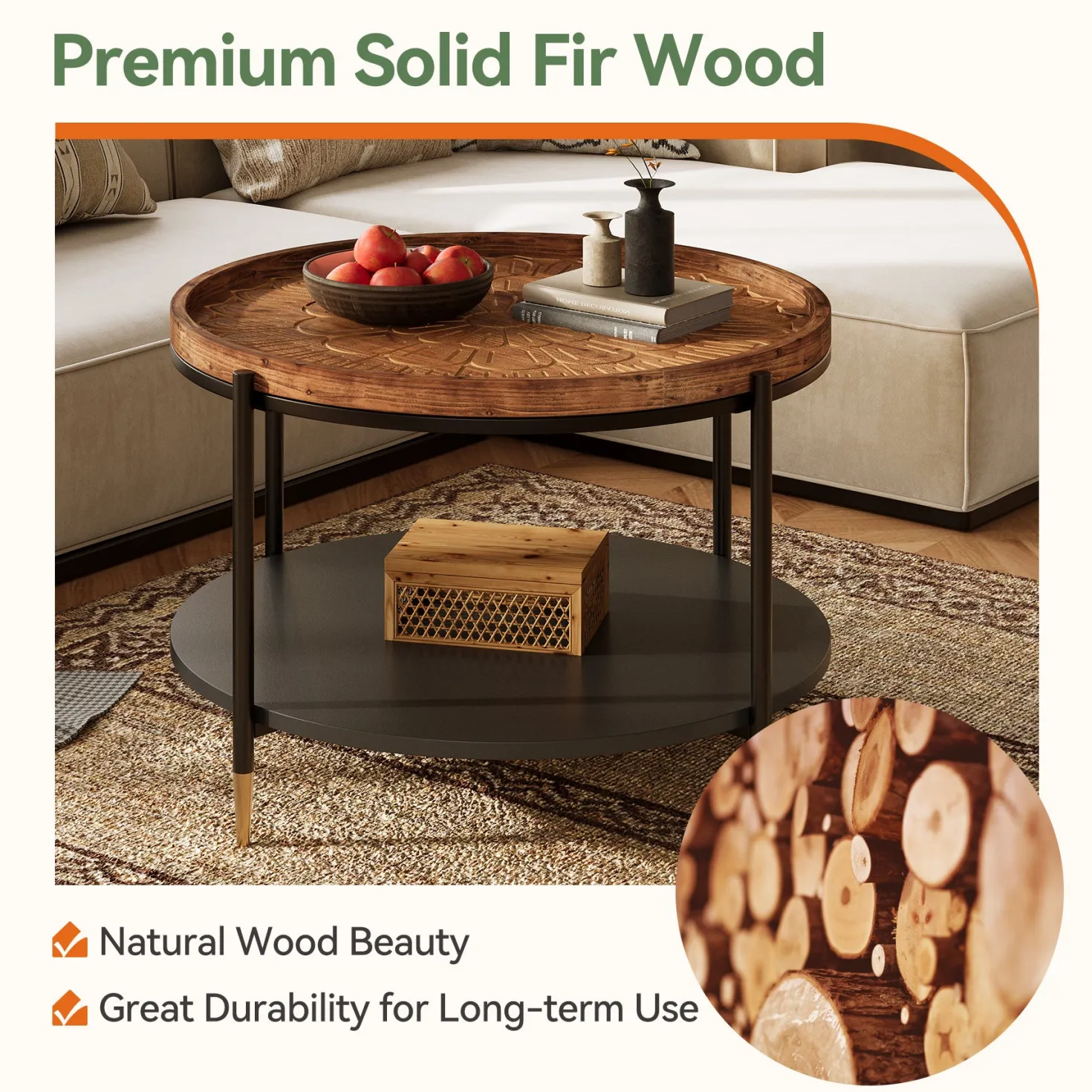 Solid Wood Round Coffee Table, 31.5" Center Tea Table with Metal Frame