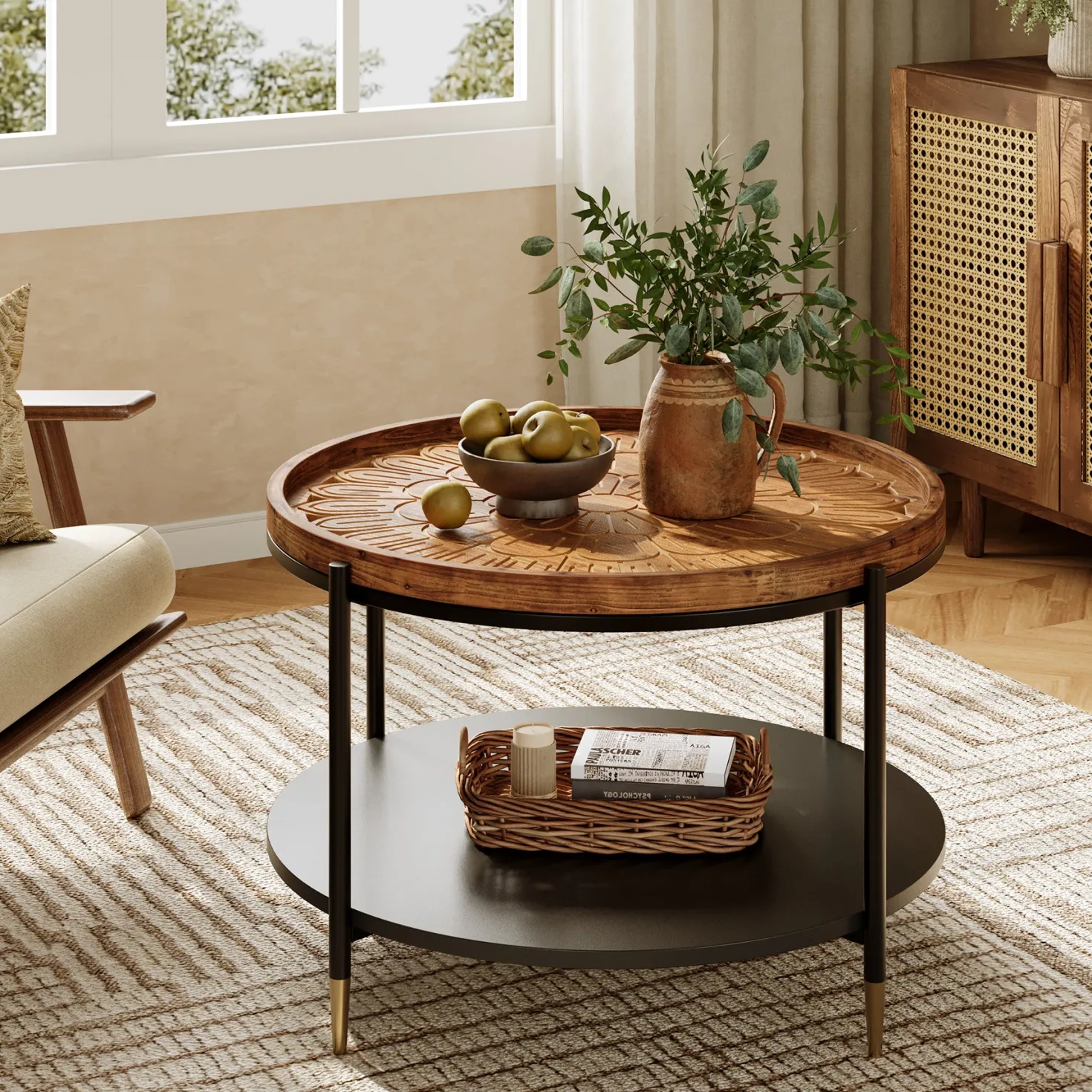 Solid Wood Round Coffee Table, 31.5" Center Tea Table with Metal Frame