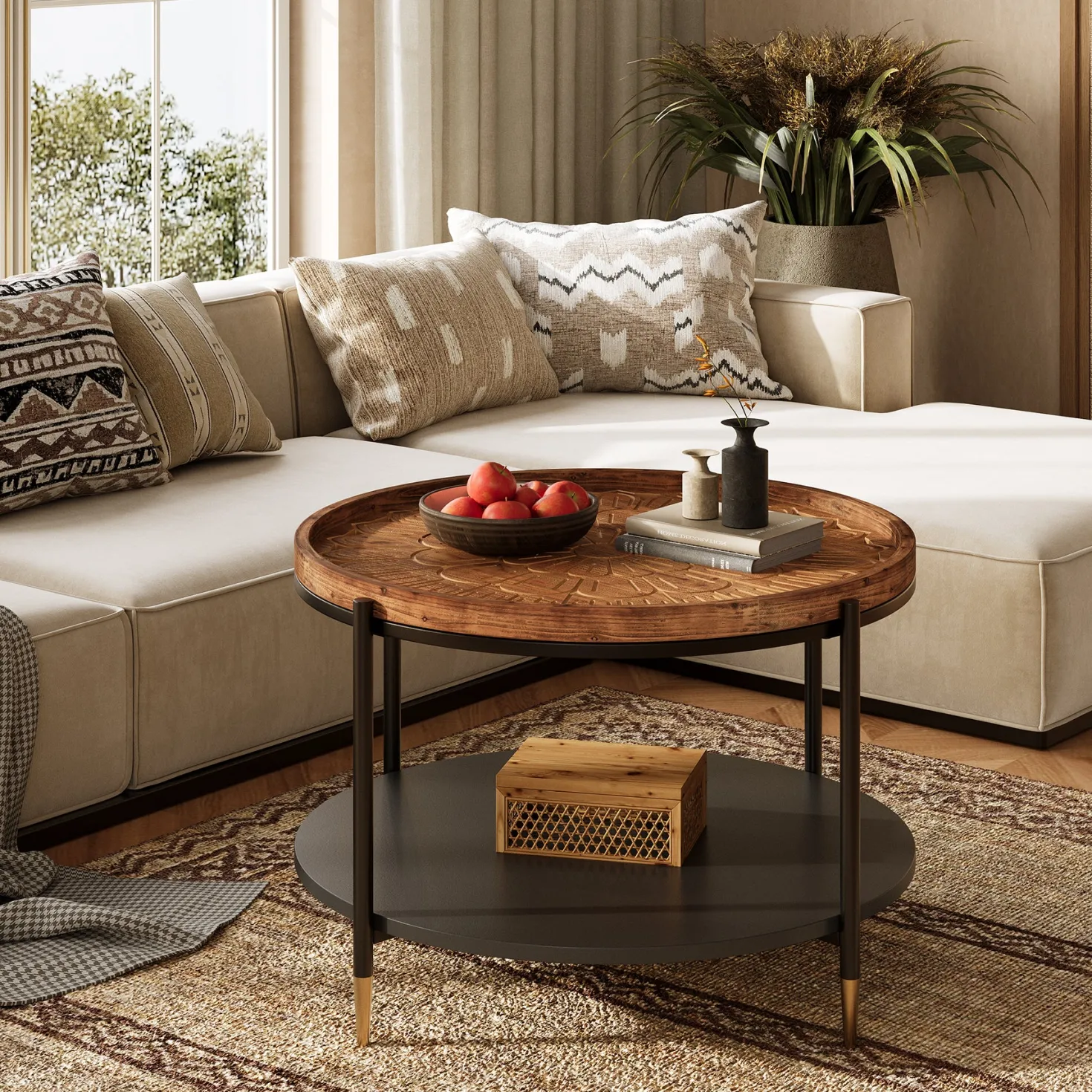 Solid Wood Round Coffee Table, 31.5" Center Tea Table with Metal Frame