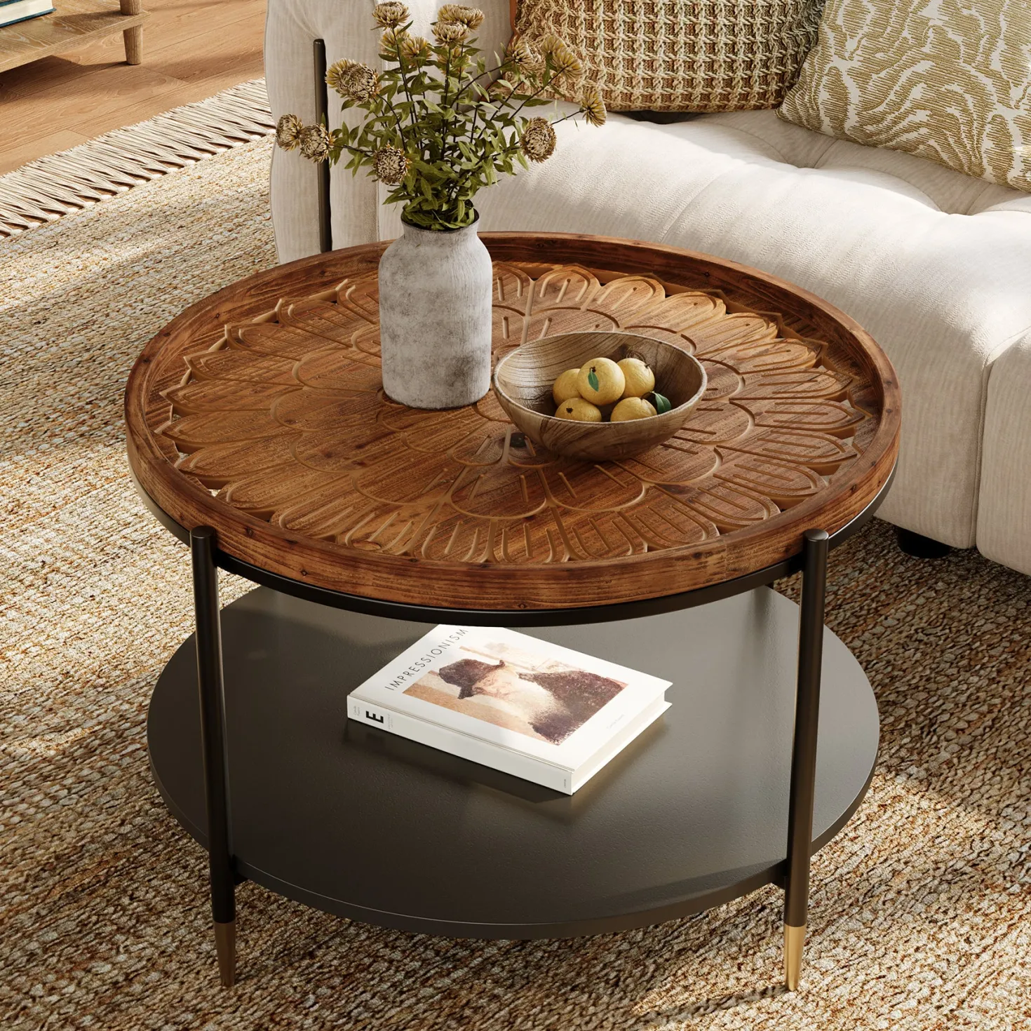 Solid Wood Round Coffee Table, 31.5" Center Tea Table with Metal Frame