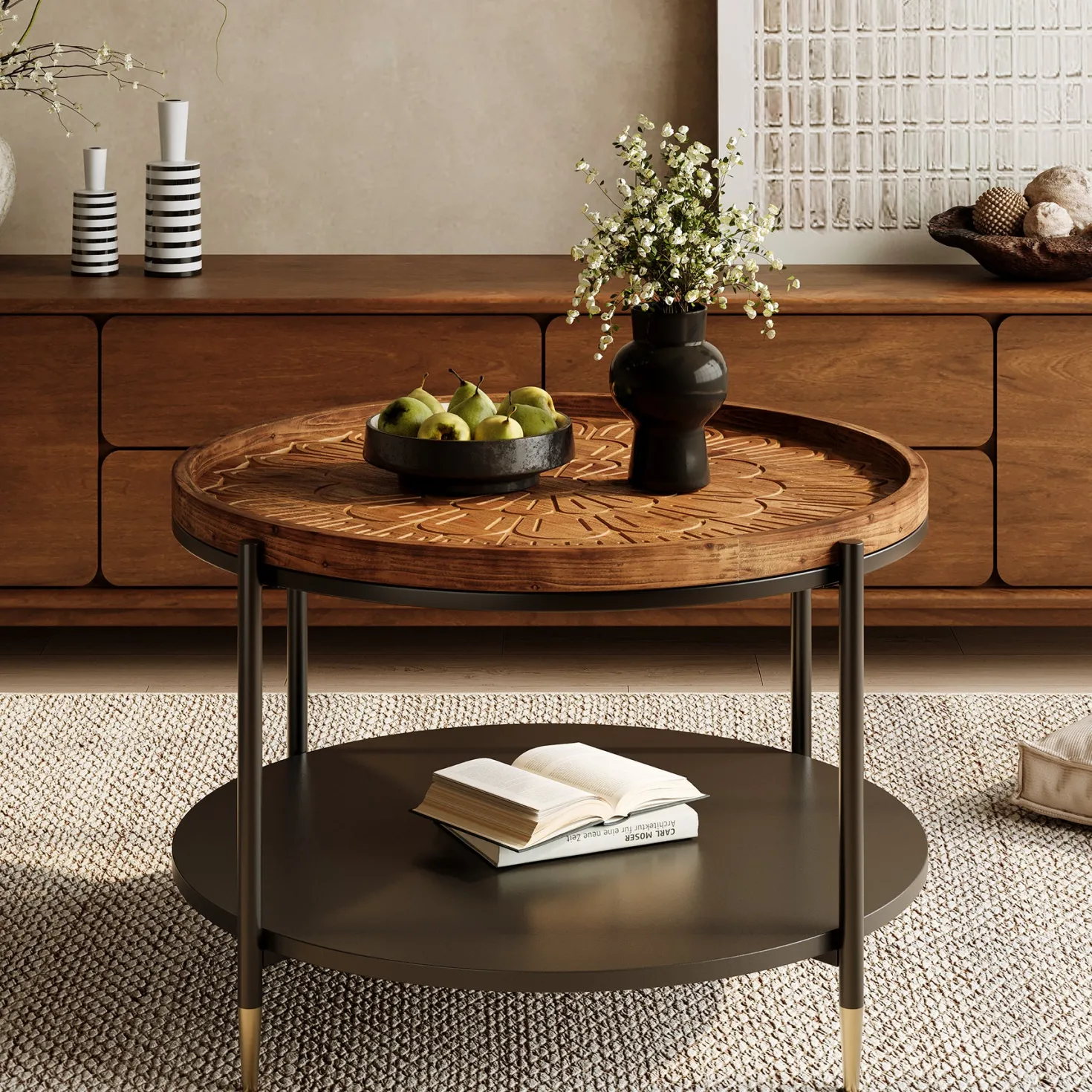 Solid Wood Round Coffee Table, 31.5" Center Tea Table with Metal Frame