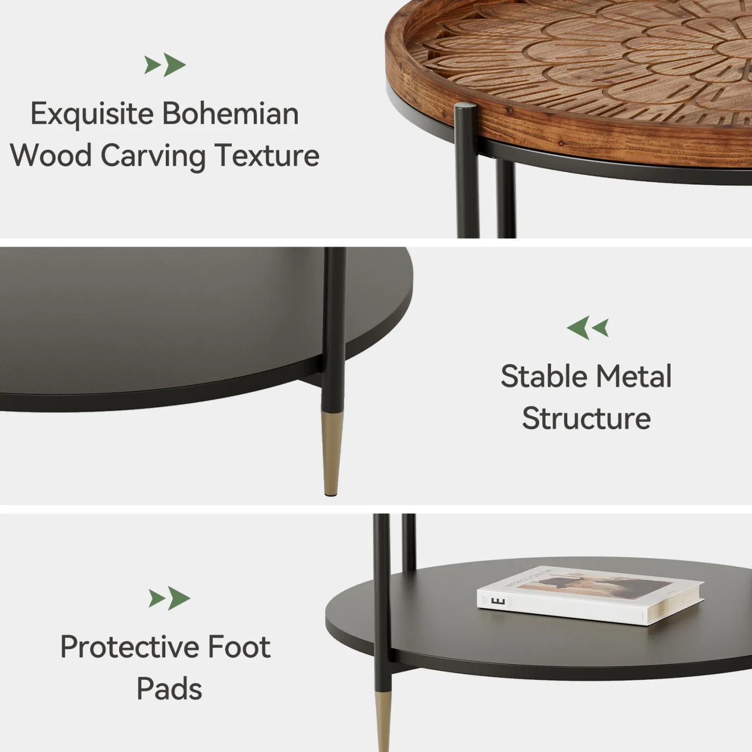 Solid Wood Round Coffee Table, 31.5" Center Tea Table with Metal Frame