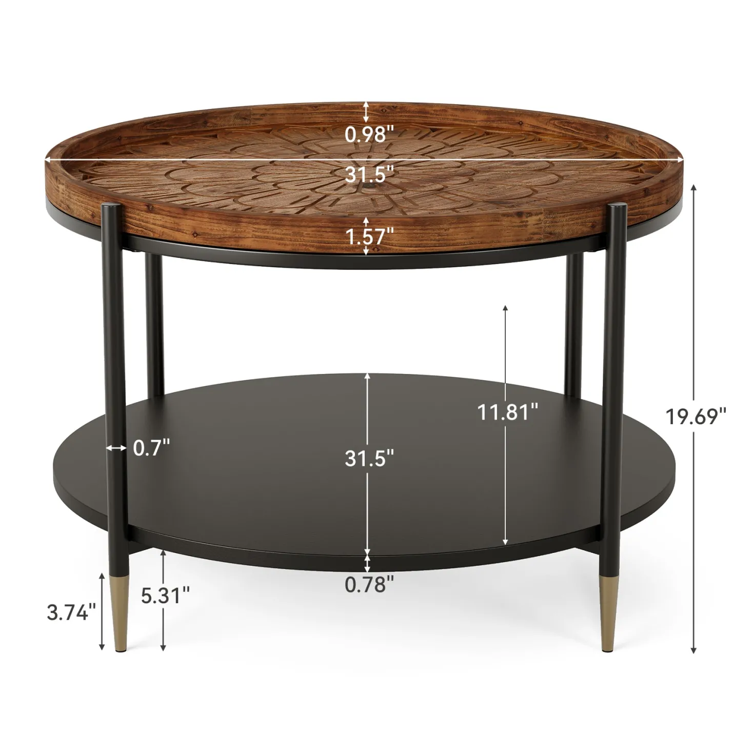 Solid Wood Round Coffee Table, 31.5" Center Tea Table with Metal Frame