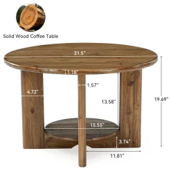 Solid Wood Round Coffee Table, 2-Tier Accent Center Table with Storage