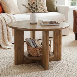 Solid Wood Round Coffee Table, 2-Tier Accent Center Table with Storage