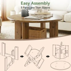 Solid Wood Round Coffee Table, 2-Tier Accent Center Table with Storage