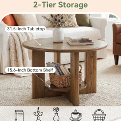 Solid Wood Round Coffee Table, 2-Tier Accent Center Table with Storage
