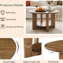 Solid Wood Round Coffee Table, 2-Tier Accent Center Table with Storage