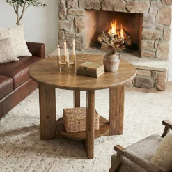 Solid Wood Round Coffee Table, 2-Tier Accent Center Table with Storage