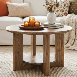 Solid Wood Round Coffee Table, 2-Tier Accent Center Table with Storage