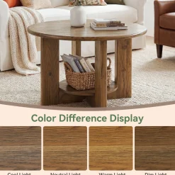 Solid Wood Round Coffee Table, 2-Tier Accent Center Table with Storage