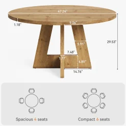Solid Wood Round Dining Table for 4-6, 47