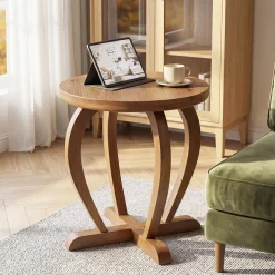 Solid Wood Round End Table, Accent Side Table with Curved Base for Living Room