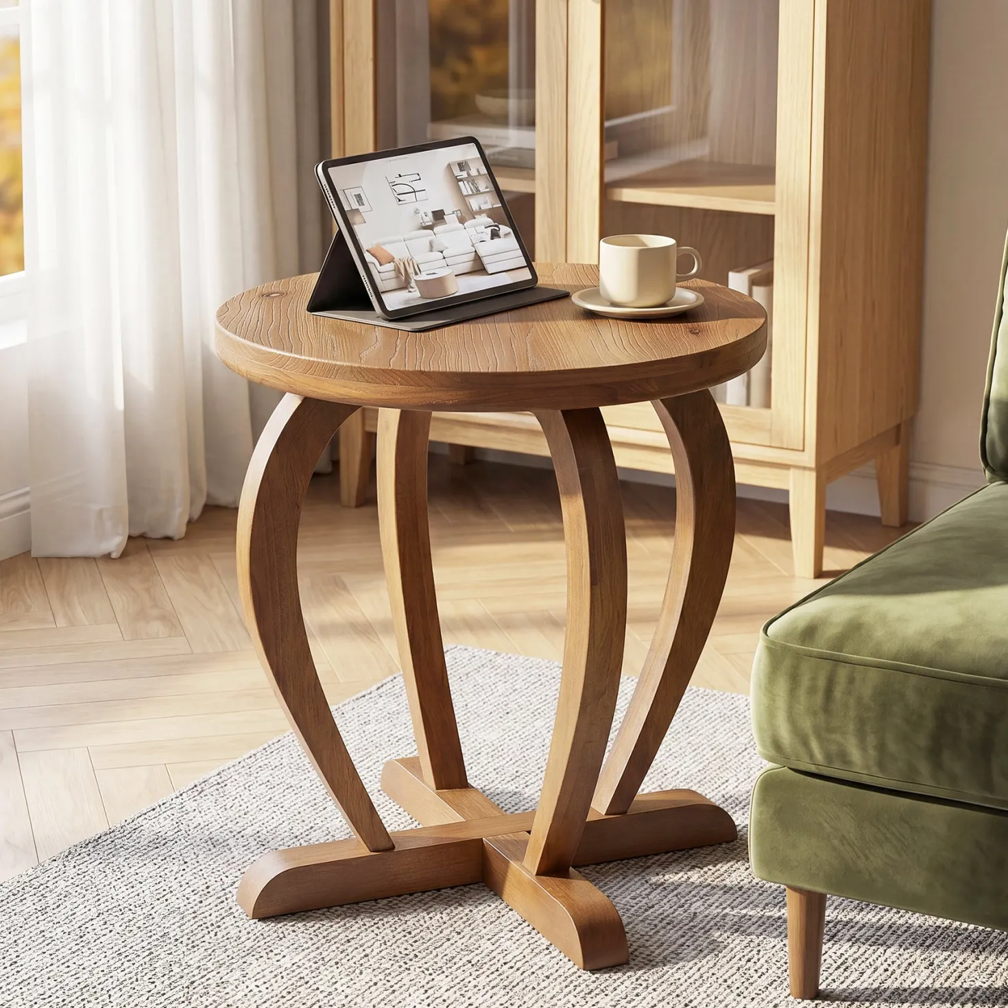Solid Wood Round End Table, Accent Side Table with Curved Base for Living Room