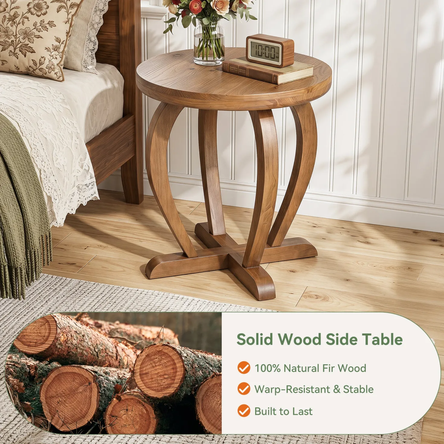 Solid Wood Round End Table, Accent Side Table with Curved Base for Living Room