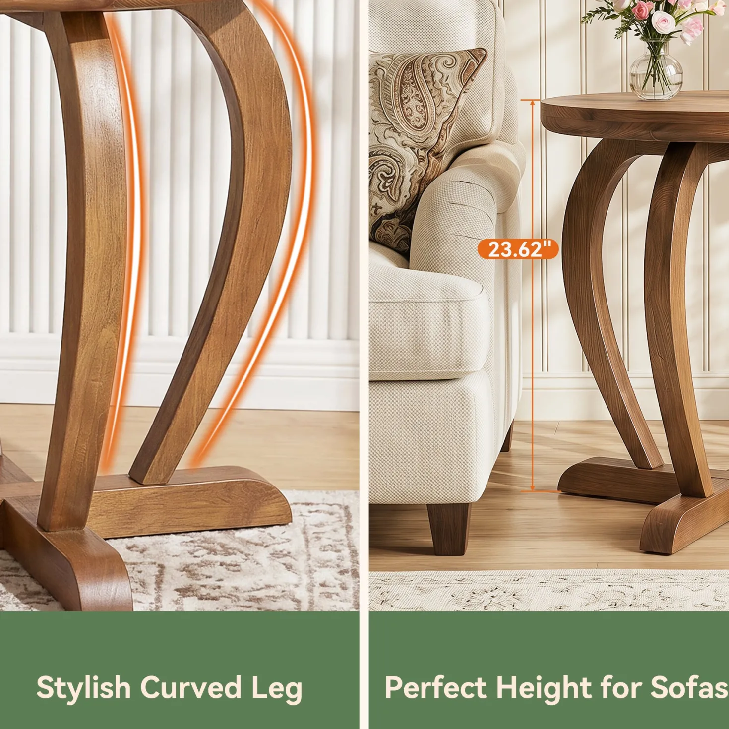Solid Wood Round End Table, Accent Side Table with Curved Base for Living Room