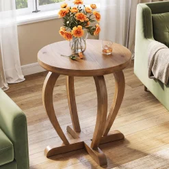 Solid Wood Round End Table, Accent Side Table with Curved Base for Living Room