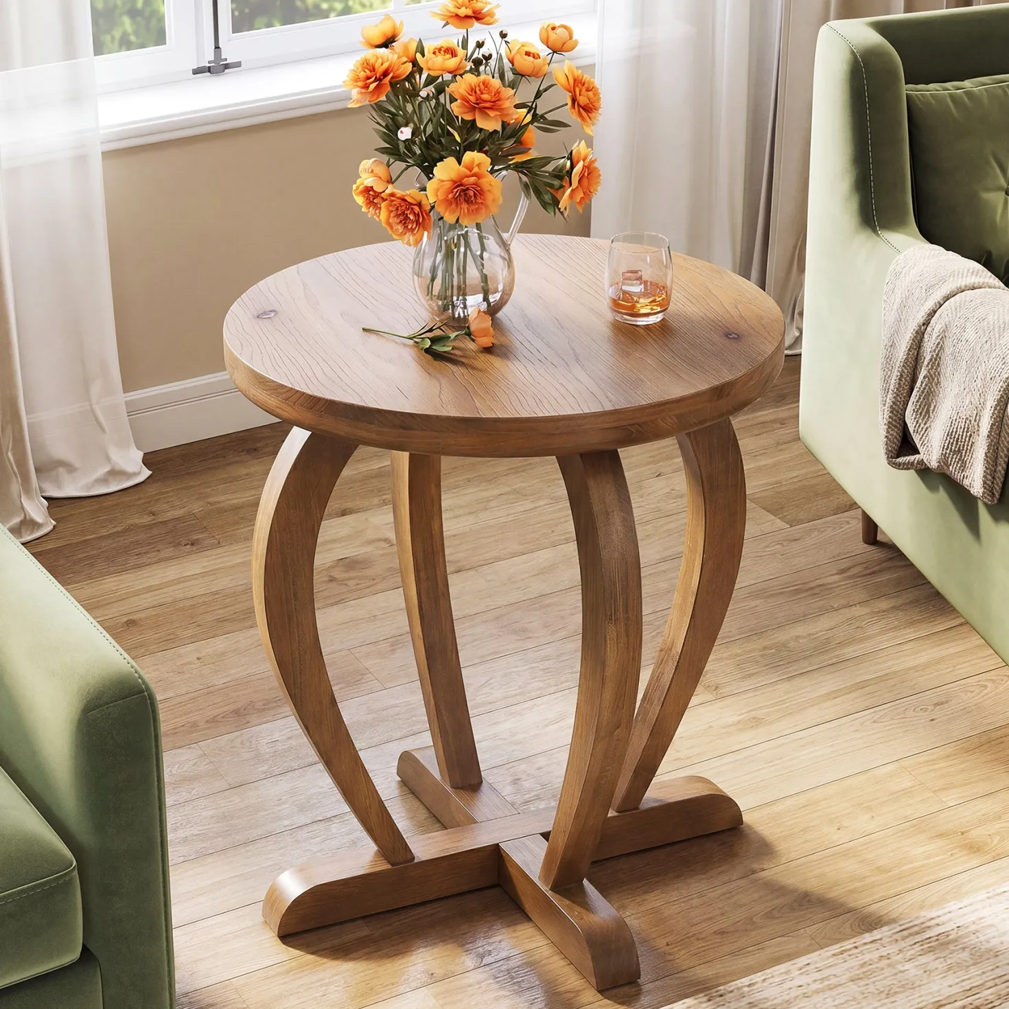 Solid Wood Round End Table, Accent Side Table with Curved Base for Living Room
