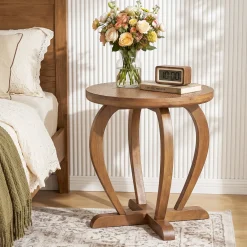 Solid Wood Round End Table, Accent Side Table with Curved Base for Living Room